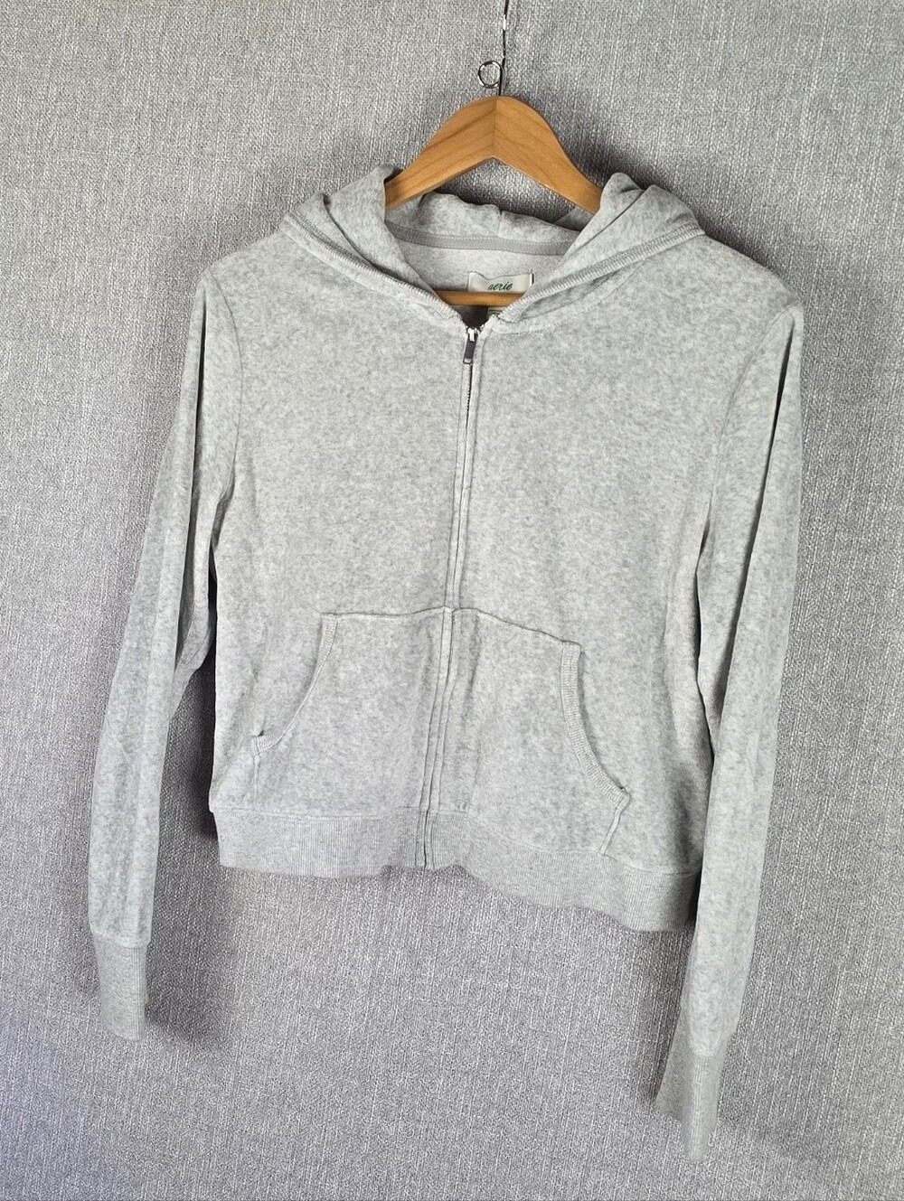 Aerie Gray Mini/Crop Full Zip Velour Texture Hoodie Women Sz L